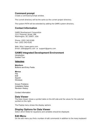 Command prompt Contact Information GAMS Integrated ...