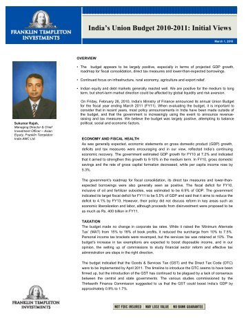 India's Union Budget 2010-2011: Initial Views - Franklin Templeton
