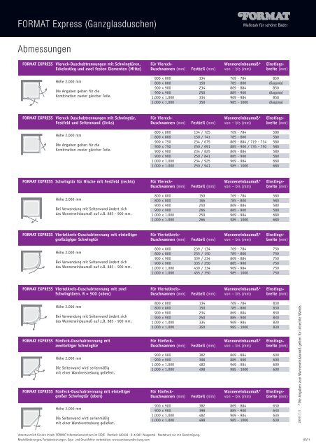 Abmessungen FORMAT Express (Ganzglasduschen)