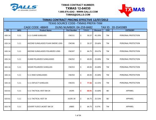 TXMAS 12-84030 TXMAS CONTRACT PRICING EFFECTIVE ... - Galls