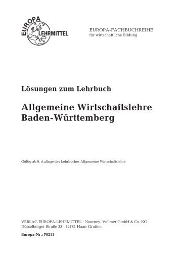 Allgemeine Wirtschaftslehre Baden-Württemberg - Europa-Lehrmittel