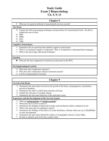 Study Guide Exam 2 Biopsychology Ch. 5, 9, 11