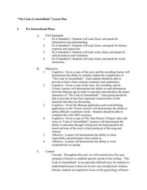 “The Cask of Amontillado” Lesson Plan I. Pre Instructional Phase A ...