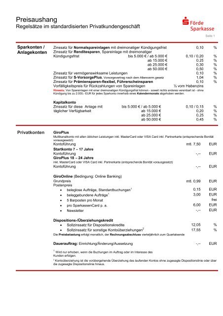 Preisaushang - Förde Sparkasse