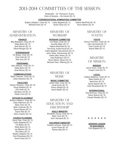 2012-2013 COMMITTEES OF THE session - First Presbyterian Church