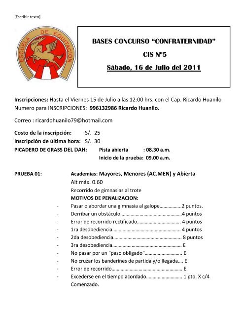 BASES CONCURSO “CONFRATERNIDAD” CIS Nº5 Sábado, 16 de ...