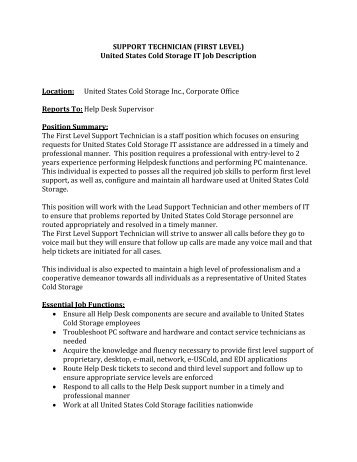 (FIRST LEVEL) United States Cold Storage IT Job Description ...