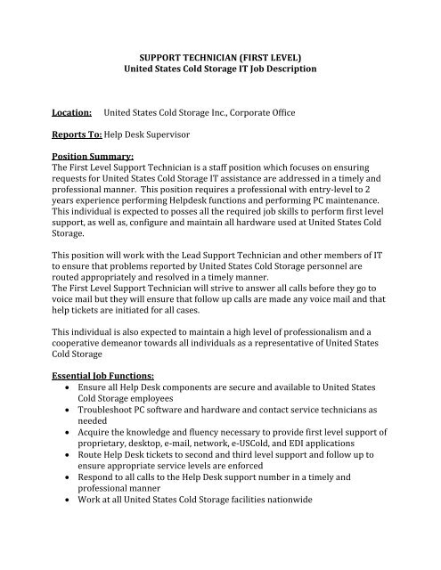 First Level United States Cold Storage It Job Description