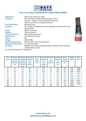 PILC 3 Core Paper/Lead/Swa/Pvc 6350 - Batt Cables