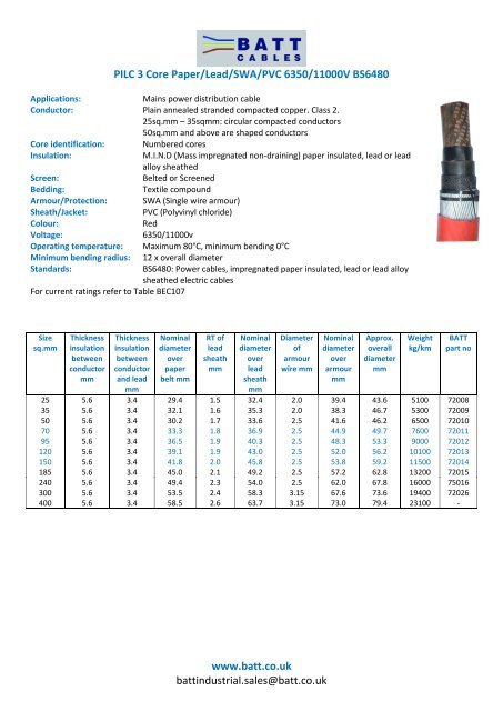 Pilc 3 Core Paper Lead Swa Pvc 6350 Batt Cables