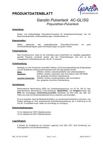 PRODUKTDATENBLATT Ganzlin Pulverlack AC-GL/SG Polyurethan ...