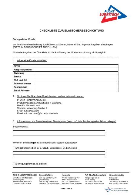 Checkliste zur Elastomerbeschichtung - FUCHS LUBRITECH GmbH