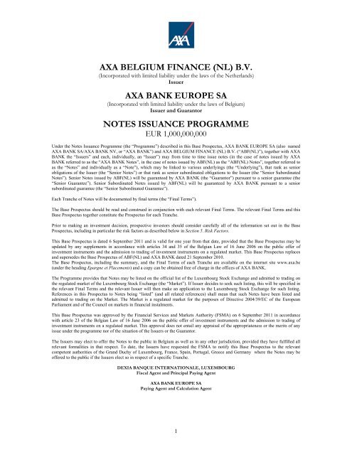 AXA BELGIUM FINANCE (NL) B.V. AXA BANK EUROPE SA ... - FSMA