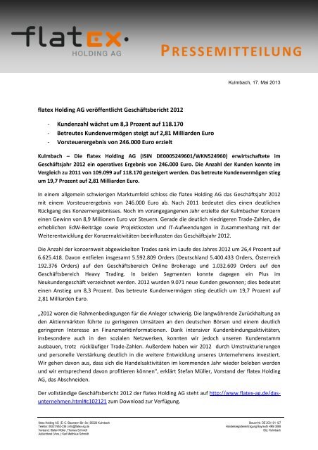 flatex Holding AG veröffentlicht Geschäftsbericht 2012 - Kundenzahl ...
