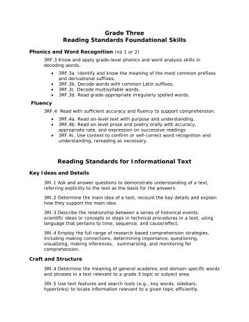 Grade Three Reading Standards Foundational Skills Reading ...