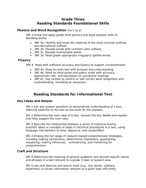 Grade Three Reading Standards Foundational Skills Reading ...