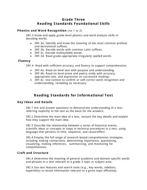 Grade Three Reading Standards Foundational Skills Reading ...