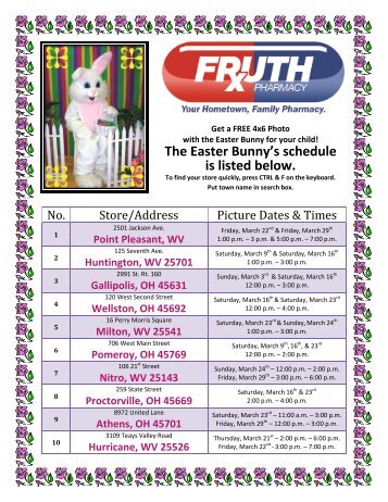 The Easter Bunny's schedule is listed below. - Fruth Pharmacy