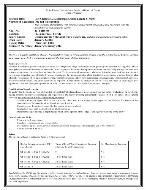 Position Title: Law Clerk to U. S. Magistrate Judge Lurana S. Snow ...