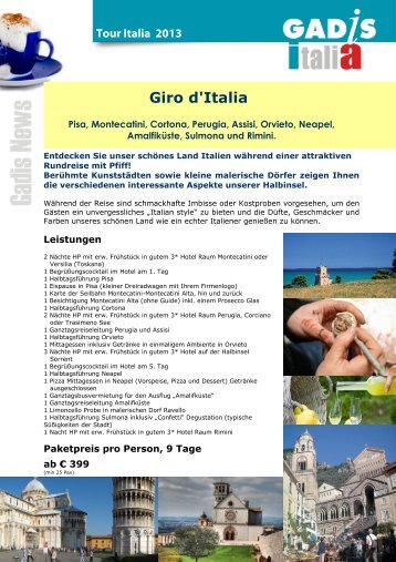 Giro d´Italia Pisa, Montecatini, Cortona, Perugia, Assisi, Orvieto ...
