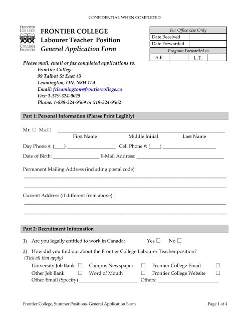 Labourer-Teacher position - application form - Frontier College