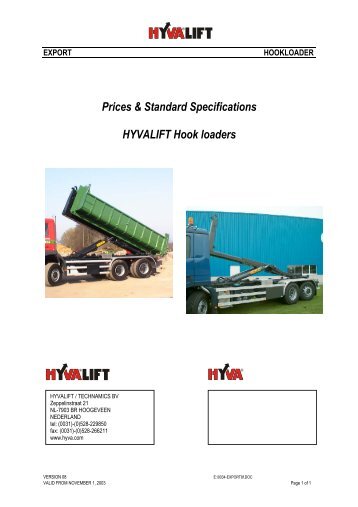 Prices & Standard Specifications HYVALIFT Hook loaders - Fixus