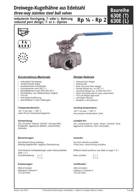 Datenblatt Dreiwege-Kugelhahn 630E - G. Bee GmbH