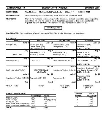 mathematics 10 elementary statistics summer 2005 - Foothill College