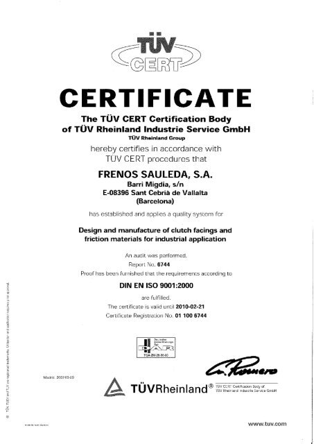 CERTIFICATE - Frenos Sauleda Sa