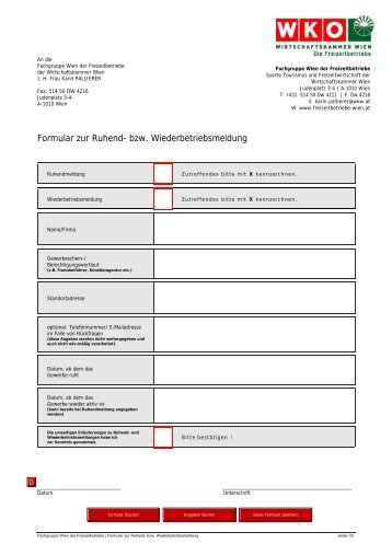 Formular zur Ruhend- bzw. Wiederbetriebsmeldung