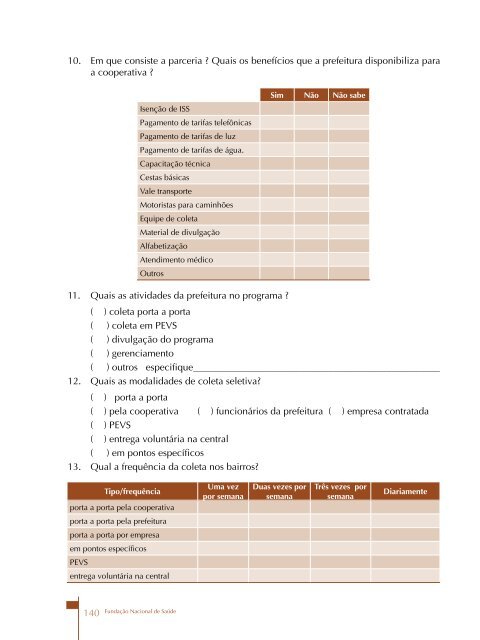 Programas Municipais de Coleta Seletiva de Lixo como - Funasa