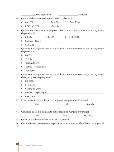 Programas Municipais de Coleta Seletiva de Lixo como - Funasa