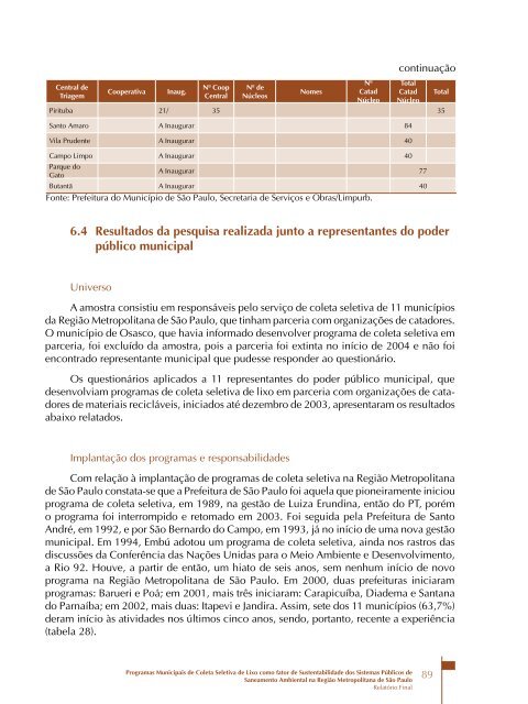 Programas Municipais de Coleta Seletiva de Lixo como - Funasa