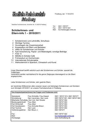 SchülerInnen- und Eltern-Info 1 – 2010/2011 - FOS-Friedberg