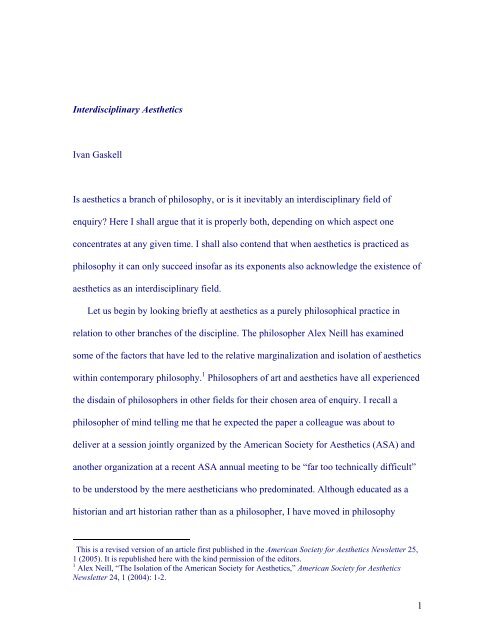 1 Interdisciplinary Aesthetics Ivan Gaskell Is aesthetics a ... - Folly