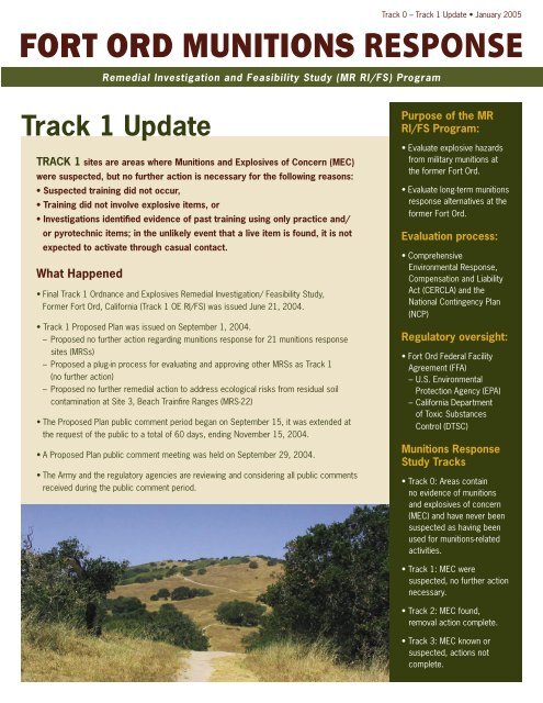 Fact Sheet: Fort Ord Munitions Response Track 0 and Track 1 Update