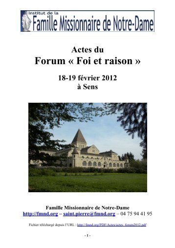 Actes du Forum Foi et Raison - Famille missionnaire de Notre-Dame