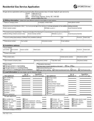 FortisBC Residential Gas Service Application form