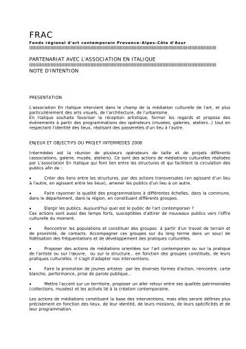 partenariat avec l'association en italique note d'intention - FRAC ...