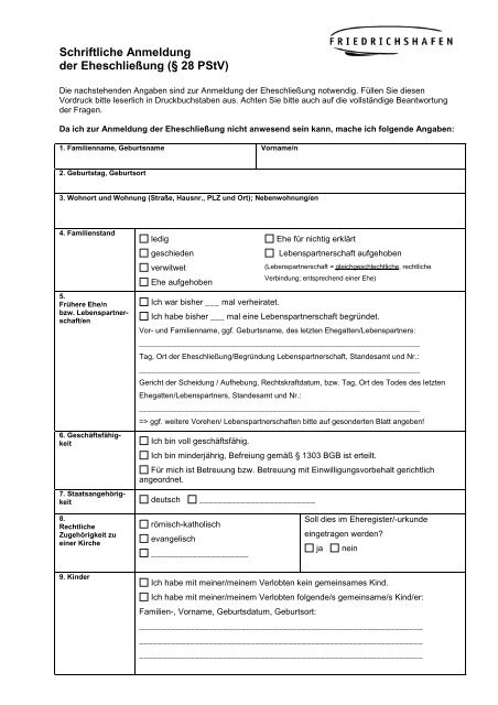Schriftliche Anmeldung der Eheschließung - Friedrichshafen