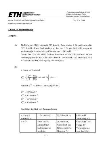 - 1 - Lösung 10: Trennverfahren Aufgabe 1 A) Stöchiometrie: 2 NH3 ...