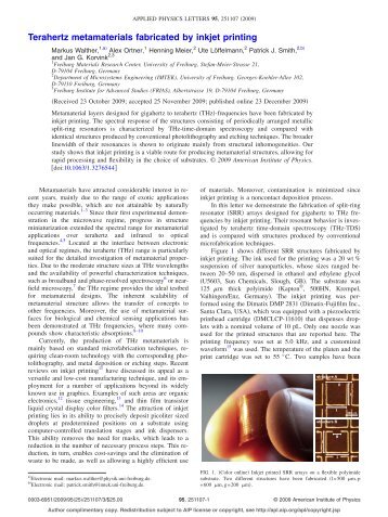 Terahertz metamaterials fabricated by inkjet printing