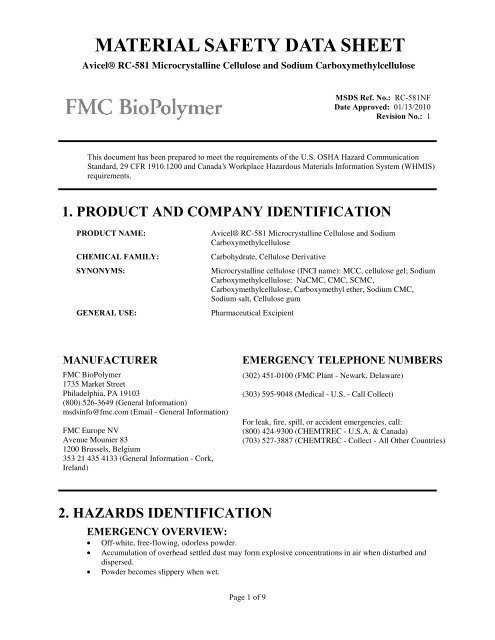 Material Safety Data Sheet Fmc Corporation