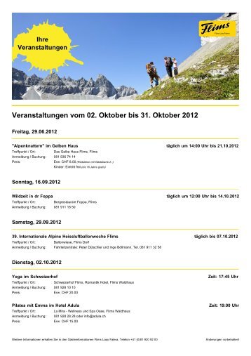 Veranstaltungen vom 02. Oktober bis 31. Oktober 2012 - Flims