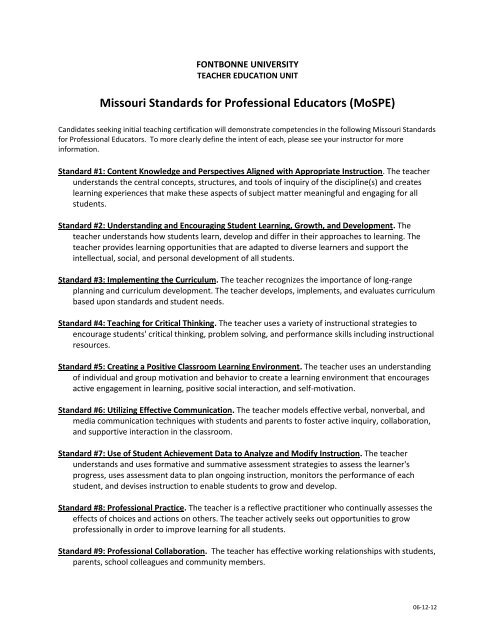 Missouri Standards for Professional Educators (MoSPE)