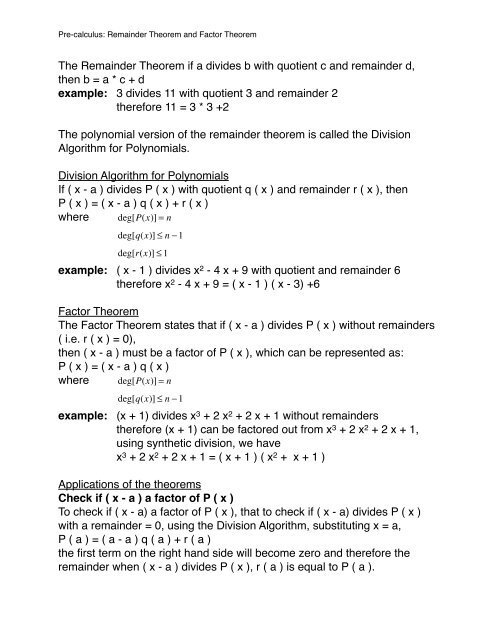 The Remainder Theorem if a divides b with quotient c and ...