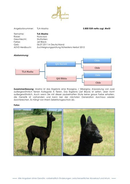 Stuten Katalog 2012 - Avalon Alpacas Germany Gbr