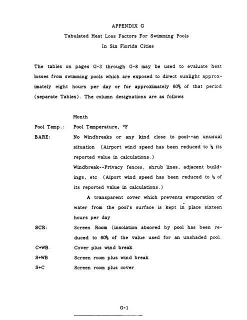 APPENDIX G Tabulated Heat Loss Factors For Swimming Pools In ...