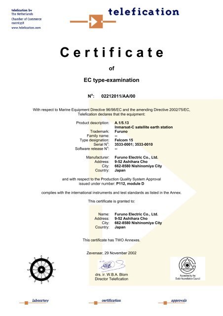 FELCOM 15 EC type acceptance certificate - Furuno USA