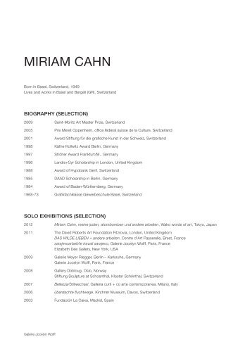MIRIAM CAHN - Galerie Jocelyn Wolff